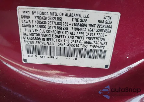 2005 Honda Odyssey Touring from USA, damaged, VIN 5FNRL38855B010350